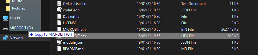 Dragging the .hex file straight into the MICROBIT device